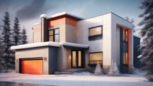 A photorealistic image of a residential house in Edmonton with stucco siding, set against a snowy winter backdrop.