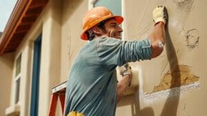 Edmonton Stucco A construction worker wearing a safety helmet is applying stucco to the exterior wall of a house, smiling as he works under a clear sky. Finding the right Edmonton stucco contractor ensures such expert Contractors